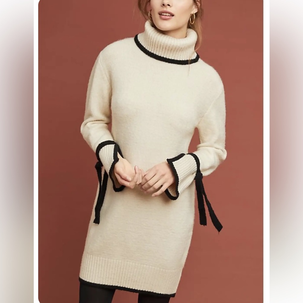 NWT J.O.A. Knit Long Sleeve Dress Cream with Black Trim Size XS